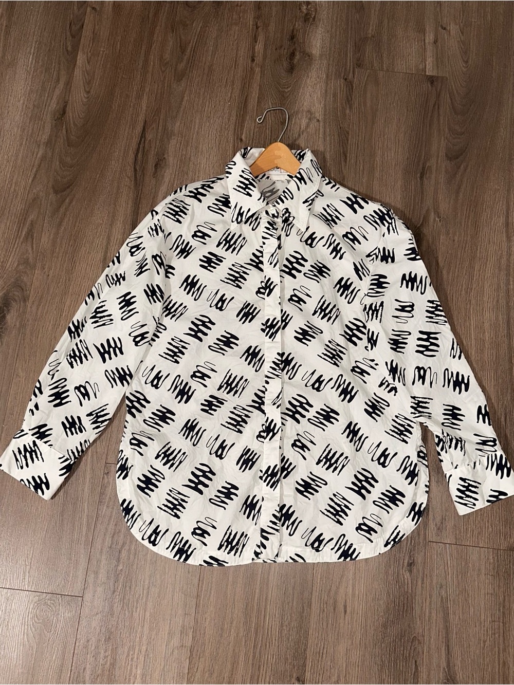 Finley White Cotton Top Button Down Hidden Buttons Scribble Print